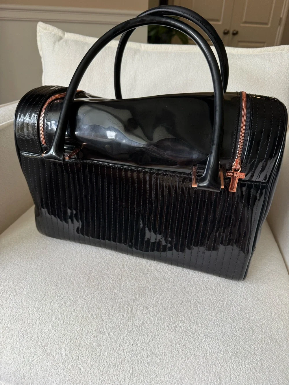 Ted Baker Black Patent Pet Carrier with Rose-Gold Hardware